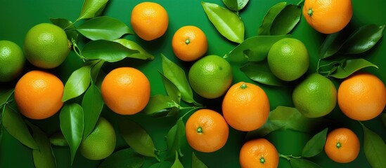A top view of organic tangerines arranged on a green background suitable for a copy space image
