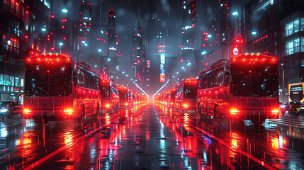 Obraz premium A long line of buses with their red lights on drive through a rainy city street at night