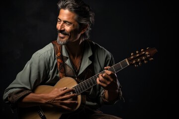 A man with a beard skillfully plays a guitar in a studio setting