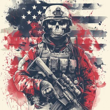 American soldier in uniform with skull face, guns, vector, splash, American flag and overhead tanks in the background,