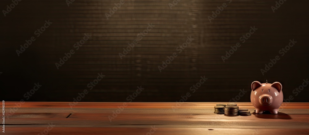 Poster an old table hosts a piggy bank atop featuring a coin a perfect copy space image