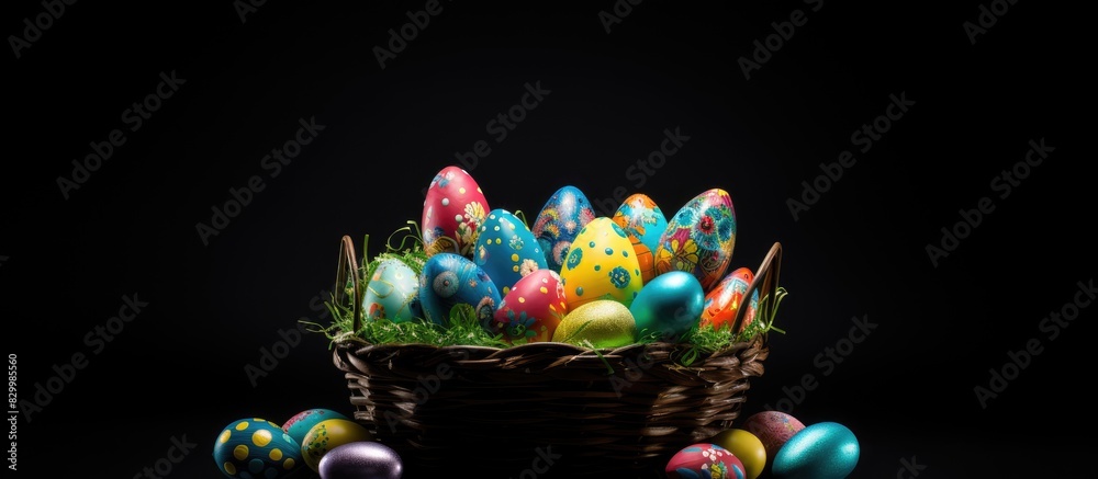 Poster the easter basket filled with colorful eggs and bunny ears is captured in a close up shot against a 