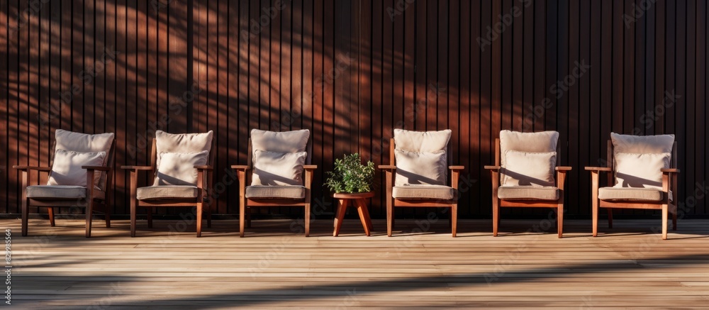 Poster brown armchairs arranged on a wooden balcony with ample space for a copy image