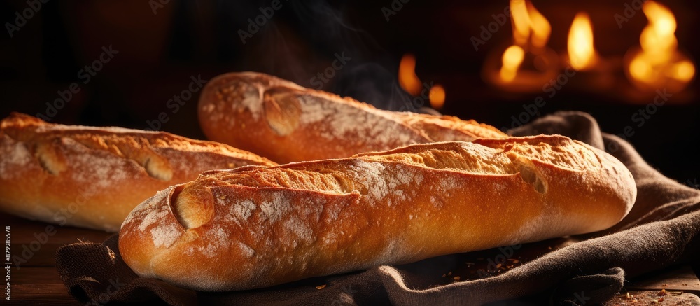 Poster freshly baked baguettes with a rustic crust and air filled interior perfect for sandwiches or served