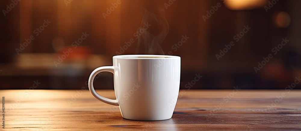 Poster A close up image of a coffee mug is featured on a wooden table providing a copy space for additional content