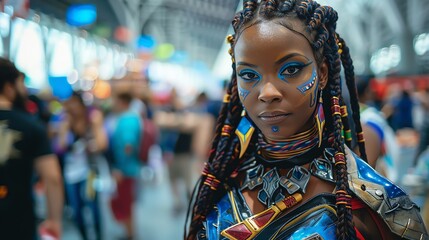 A woman with blue makeup and braids in a futuristic costume looks intensely at the camera.