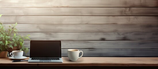 On the wooden office desk there is a laptop a cup of coffee and some supplies with copy space image