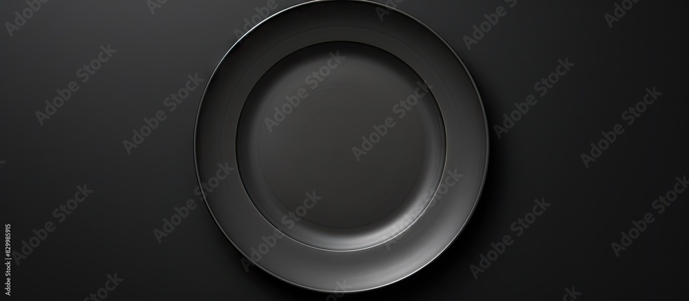 Poster The black background sets the stage for the food concept showcased in the top view of an empty grey plate with a centered copy space image