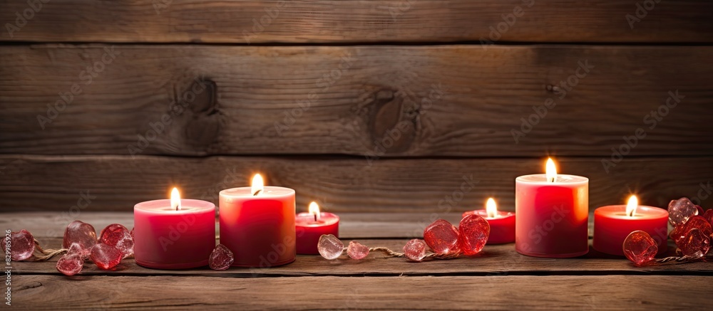 Poster A copy space image featuring fresh red heart shaped candles placed on a rustic brown background