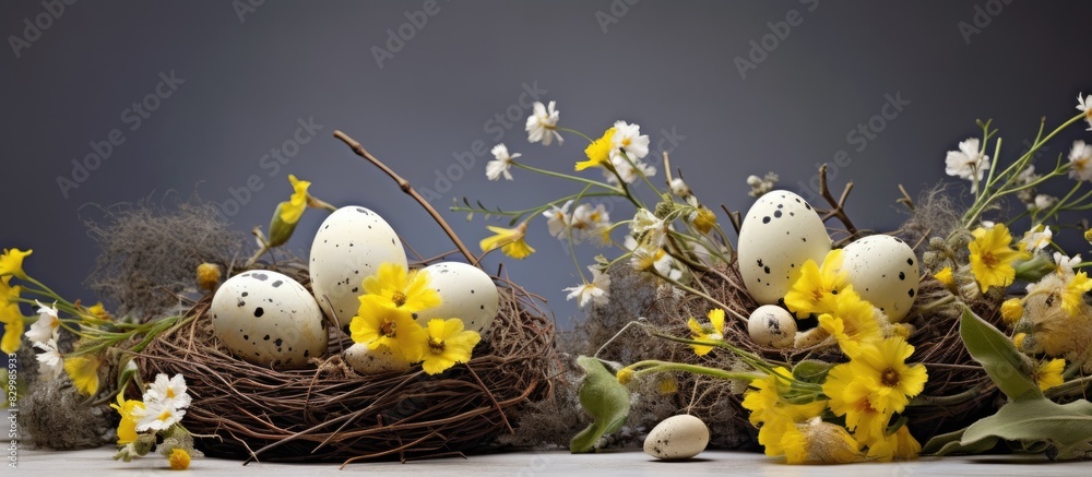Poster easter banner featuring a rustic arrangement of willow twigs vibrant yellow spring flowers and beaut