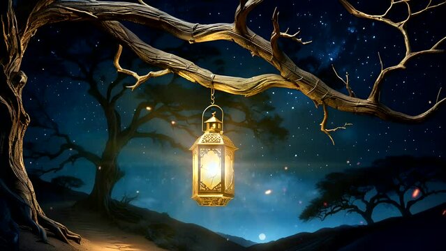 Antique lantern on the tree at night. Seamless looping time-lapse 4k video animation background