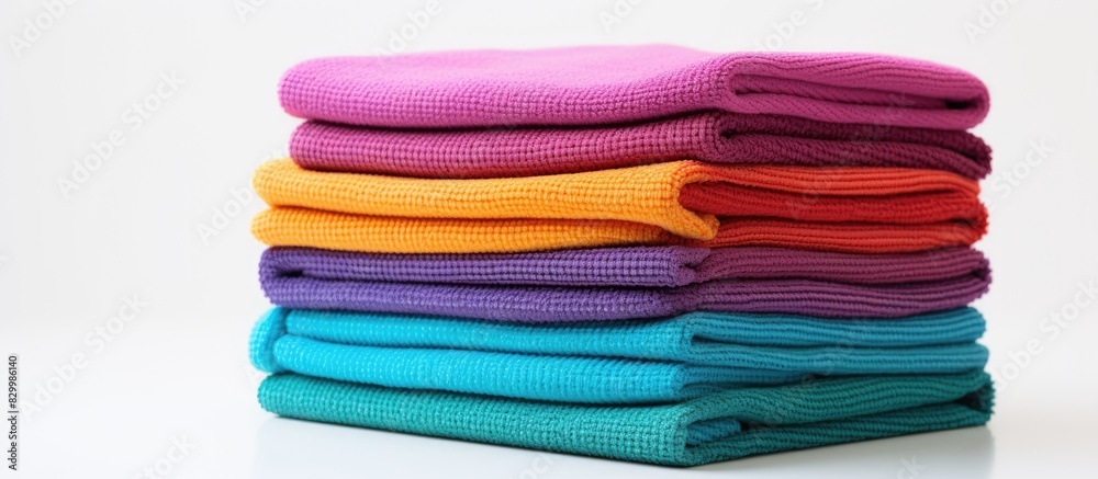 Poster Bright microfiber cloths stacked on a white background with copy space image for text