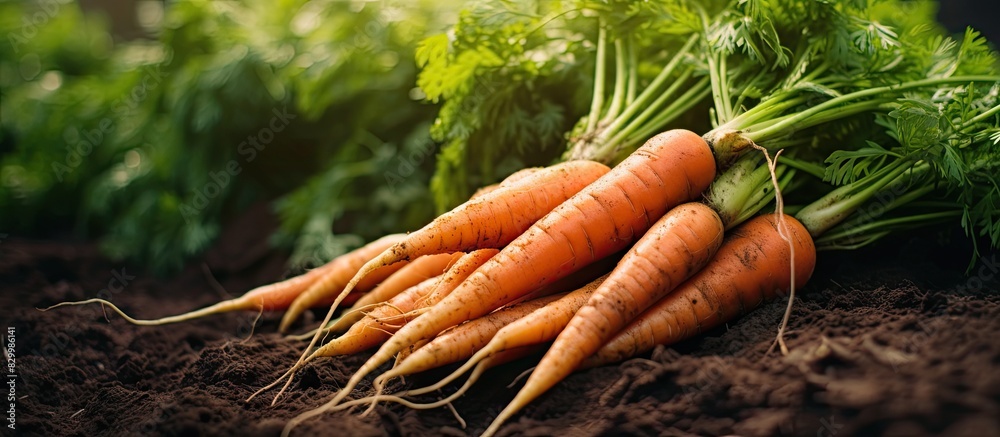 Poster a view from above of freshly harvested carrots in a garden with a beautiful nature background perfec