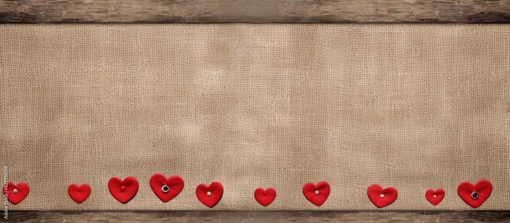 Poster Copy space image featuring a rustic burlap background with a border frame adorned with red buttons and hearts