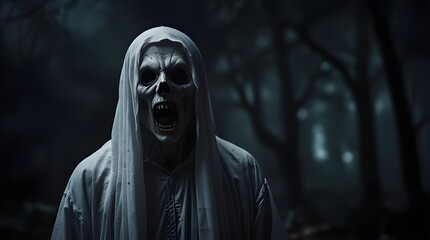 Evil halloween ghost avatar with open mouth coming towards you scary spooky horror background