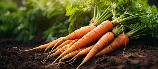 A view from above of freshly harvested carrots in a garden with a beautiful nature background...