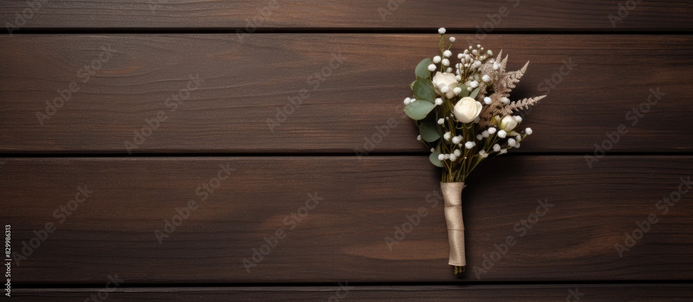 Poster top view of a lovely boutonniere gracefully displayed on a wooden background providing ample copy sp