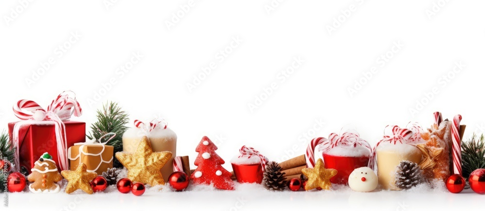 Poster festive decorations candies and gift boxes arranged on a white background with copy space for text d