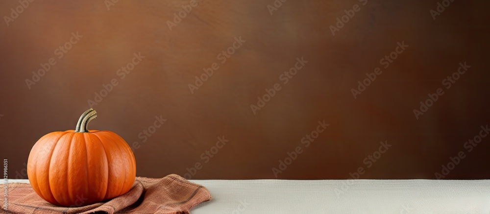 Poster autumn themed copy space image featuring a round pumpkin placed on a linen tablecloth symbolizing th