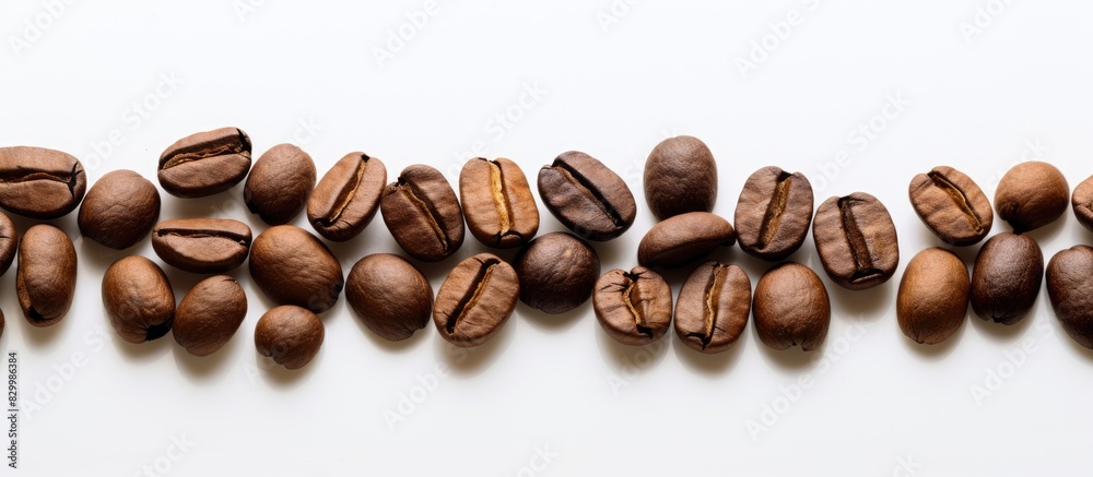 Poster coffee beans arranged in a single broad line against a white backdrop room for writing and promotion
