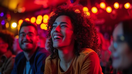 Happy woman laughing with friends at a live event.