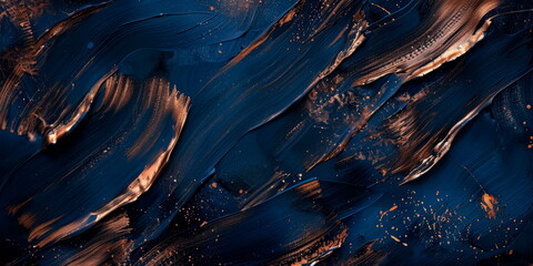 Rose gold brushstrokes on a navy blue canvas, abstract, metallic sheen