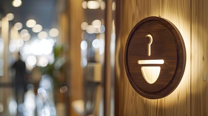 Toilet, wc icon, round wooden white and brown sign on restroom door in the hallway, restaurant, lobby. Concept sign of toilet room at the airport, cafe, bar, hotel, train station