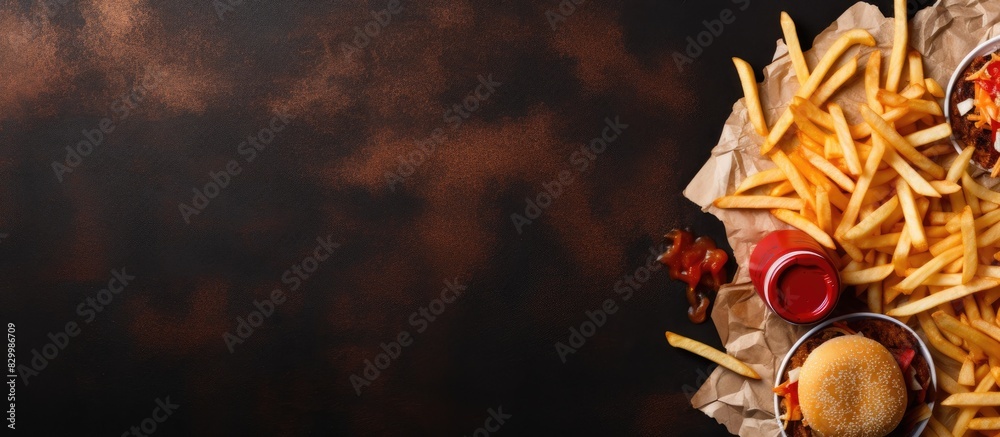 Poster top view of a fast food take away meal consisting of a sandwich potato fries chips cola with ice and