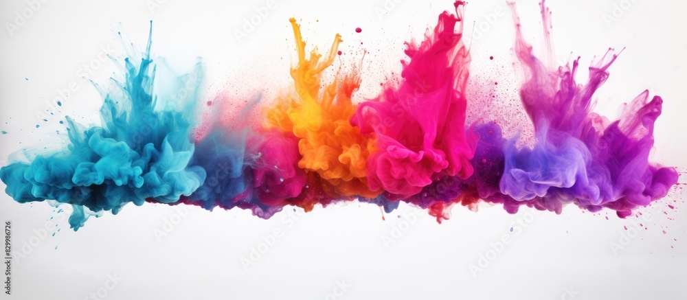 Poster Colorful powder exploding and splattering across a white background creating an abstract and vibrant image with a touch of glitter Perfect for a copy space image