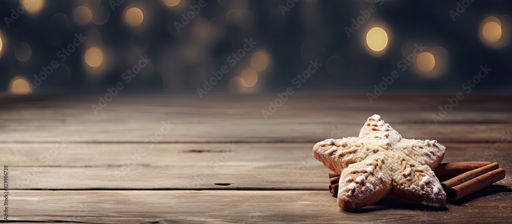 Aufkleber A Christmas cookie sits on a rustic wooden table surrounded by ample copy space for additional images or text
