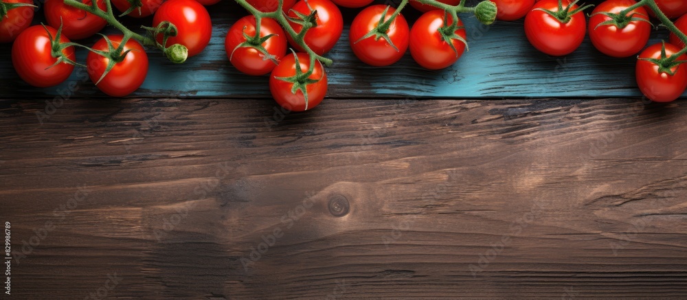 Poster a copy space image featuring fresh cherry tomatoes on a wooden table viewed from above