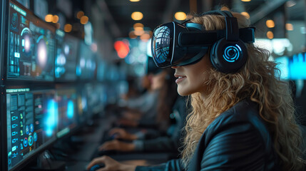 Naklejka premium A young woman wearing a VR headset is sitting in a dark room. She is surrounded by computer screens and other electronic equipment.