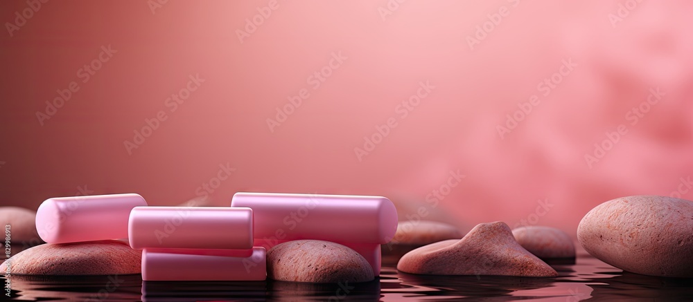 Poster a copy space image featuring two tubes placed on a pink background alongside spa stones