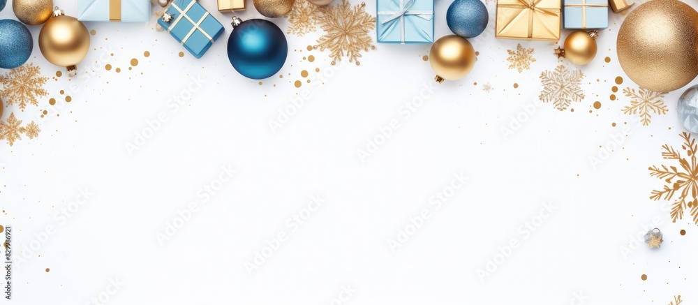 Poster a copy space image of a christmas themed frame with top border consisting of blue and gold gift boxe