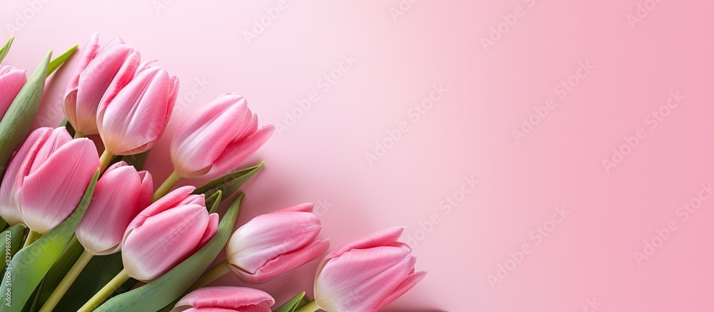 Poster A horizontal copy space image of pink tulips arranged in a flat lay on a pink background The image features festive lights bokeh giving it a festive and celebratory feel It can be used as a backgroun