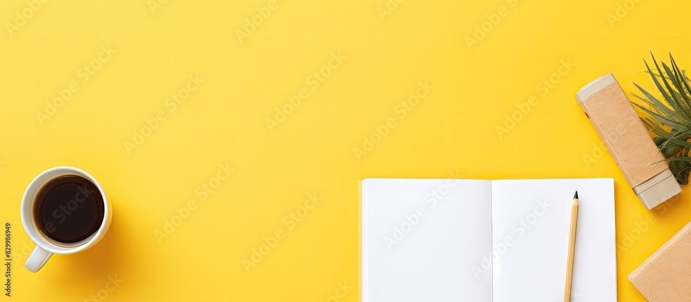 Poster a panoramic flat lay image of a creative office desk on a yellow background featuring an empty noteb
