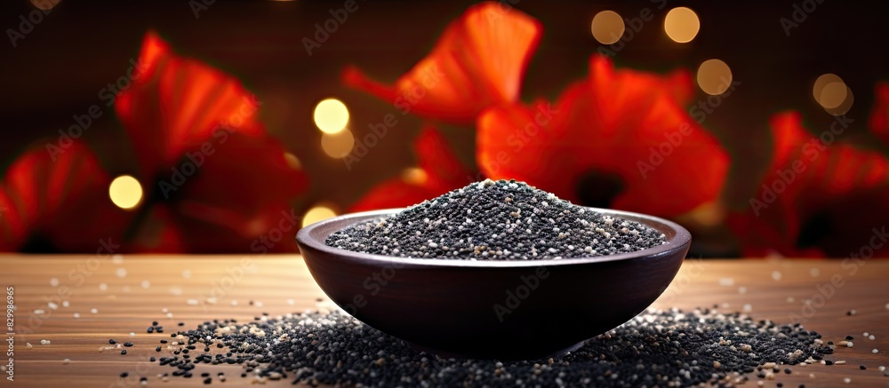 Poster a copy space image of a bowl on a table filled with poppy seeds