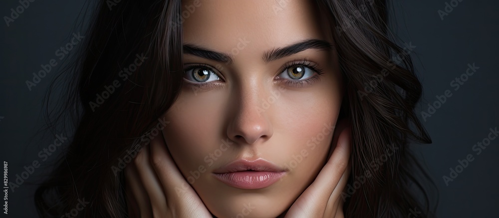 Poster a close up photograph of an attractive brunette girl gently touching her face while maintaining eye 