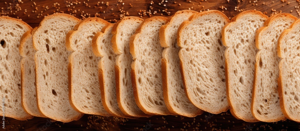 Poster Closeup top view of wholegrain bread slices arranged as a background enhancing the visual appeal of this copy space image Wallpeper