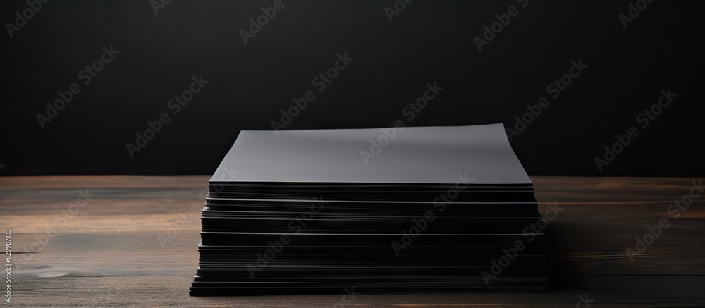 Poster Black wooden background with a stack of blank paper sheets for a brochure creating a mock up with copy space image