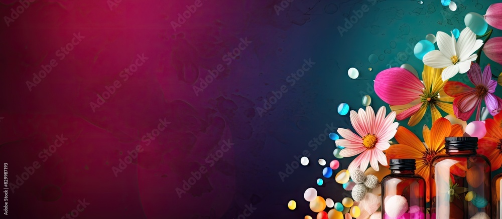 Poster Colorful background with a composition featuring a bottle of drops flowers and pills Perfect for copy space image 107 characters