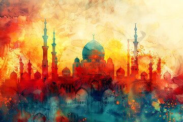 Abstract mosque silhouette with colorful, watercolor-like background.