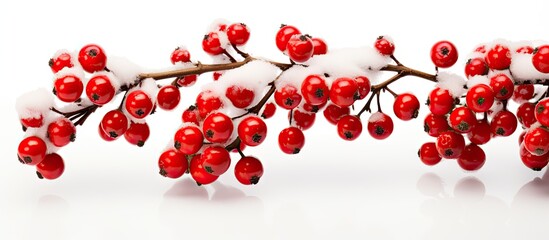 A festive winter composition featuring a Christmas tree branch with red berries on a white...