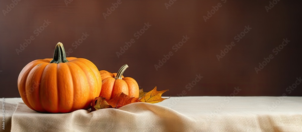 Poster Autumn themed copy space image featuring a round pumpkin placed on a linen tablecloth symbolizing the harvest season