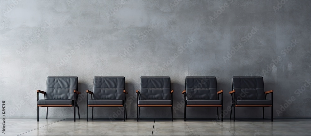 Poster In a minimal style waiting room there is a copy space image of modern simple chairs placed against a grey wall