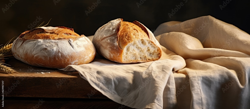 Aufkleber jute fabric with freshly baked artisan sourdough bread loaves creating a visually appealing copy spa
