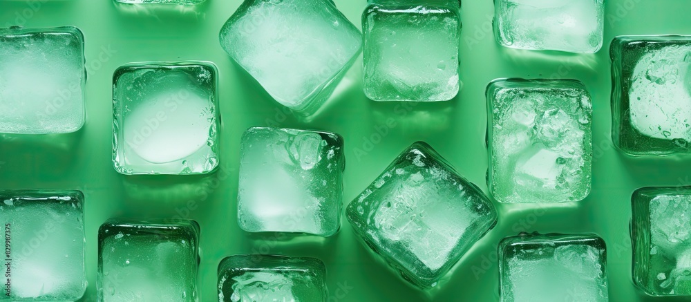 Poster Copy space image of ice cubes arranged on a green background