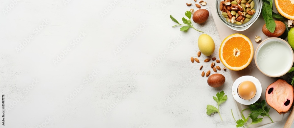 Poster the flat lay image features a nutritious breakfast spread including boiled eggs fresh orange juice m