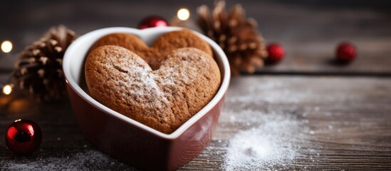 A heart shaped gingerbread in a dish the perfect dessert with a touch of sweetness and warmth ready to be enjoyed Copy space image