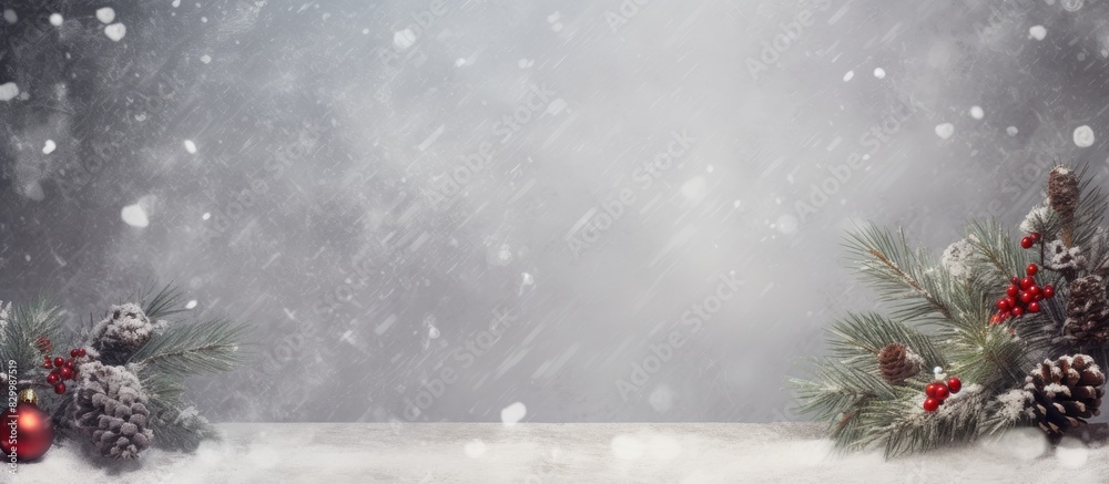 Poster A festive Christmas background with ornaments fir cones and a concrete backdrop. with copy space image. Place for adding text or design